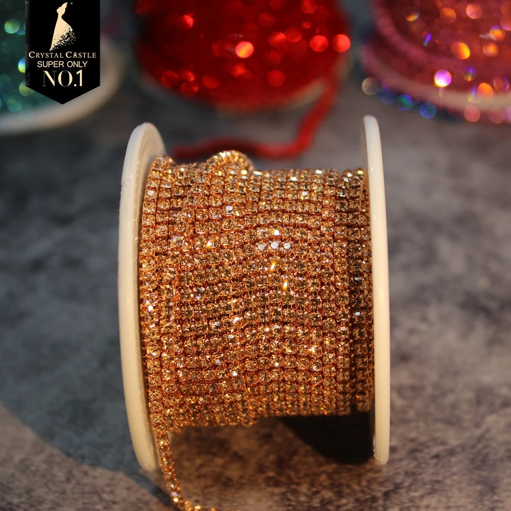 Rhinestones Chain Roll Tassel 1/10Yard Crystal Ribbon Strass Banding Sew On Gold Rhinestone Trim Strip Cup Chains For Needlew