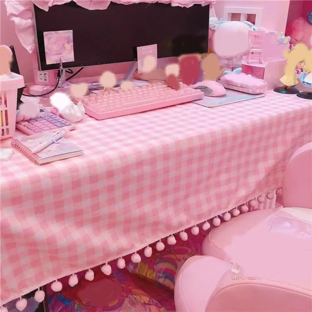 Cute Kawaii Girls Hot Pink Tablecloth Rectangular Cotton Wallpaper Mat Plaid Desk Cloth Room Decoration