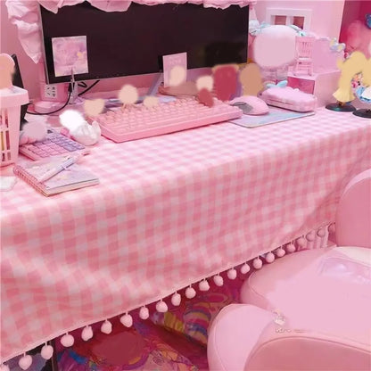 Cute Kawaii Girls Hot Pink Tablecloth Rectangular Cotton Wallpaper Mat Plaid Desk Cloth Room Decoration