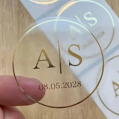 50 X Foiled Wedding Monogram Initials Stickers, Personalised Wedding Favour Labels, Custom Shiny Foil Gold Transparent