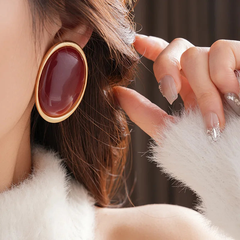 Vintage Red Resin Women's Earrings Stud Earrings Luxury large Geometric Oval earrings Party Wedding Ear Jewelry
