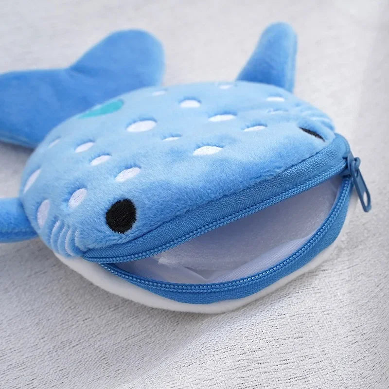 New Cartoon Shark Plush Coin Purse Cute Coin Holder with Keyring Data Cable Organiser Zippered Pouch Small Gift