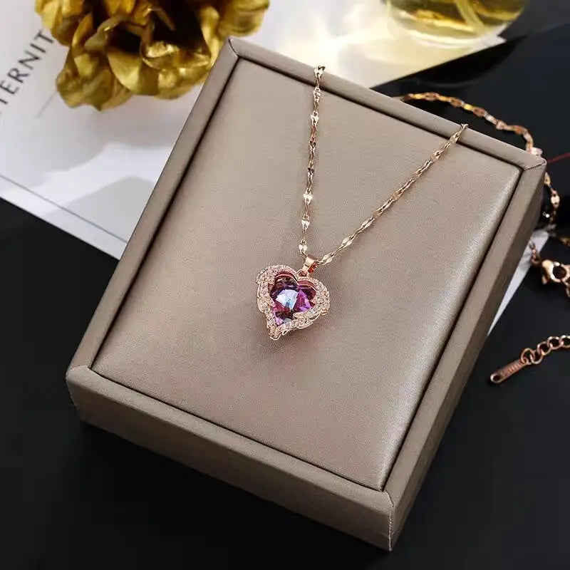 Top Luxury Colorful Crystal Ocean Heart Pendant Necklace For Women Trendy 316L Stainless Steel Jewelry Female Wedding Neck Ch