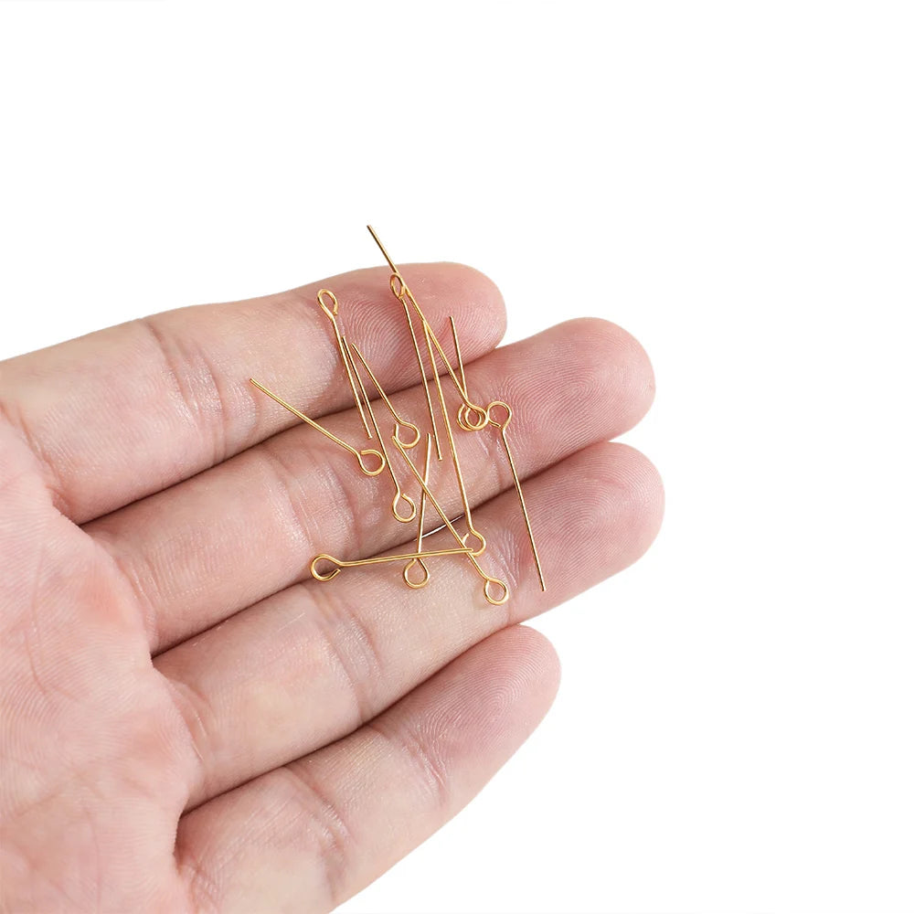 100Pcs 15-50mm Stainless Steel Water Gold Color Eye Pins Hooks Earrings Findings DIY for Jewelry Handmade Crafts Making 0.6mm