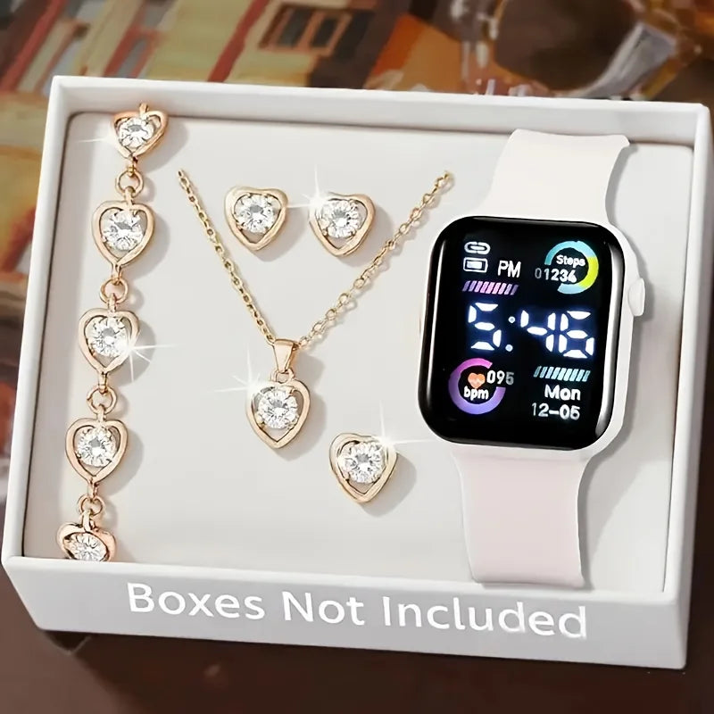 6-Piece Set of Fashion Electronic Watch Necklace Earrings Ring Set for Teenagers Boys and Girls, the Best Choice for Friend -