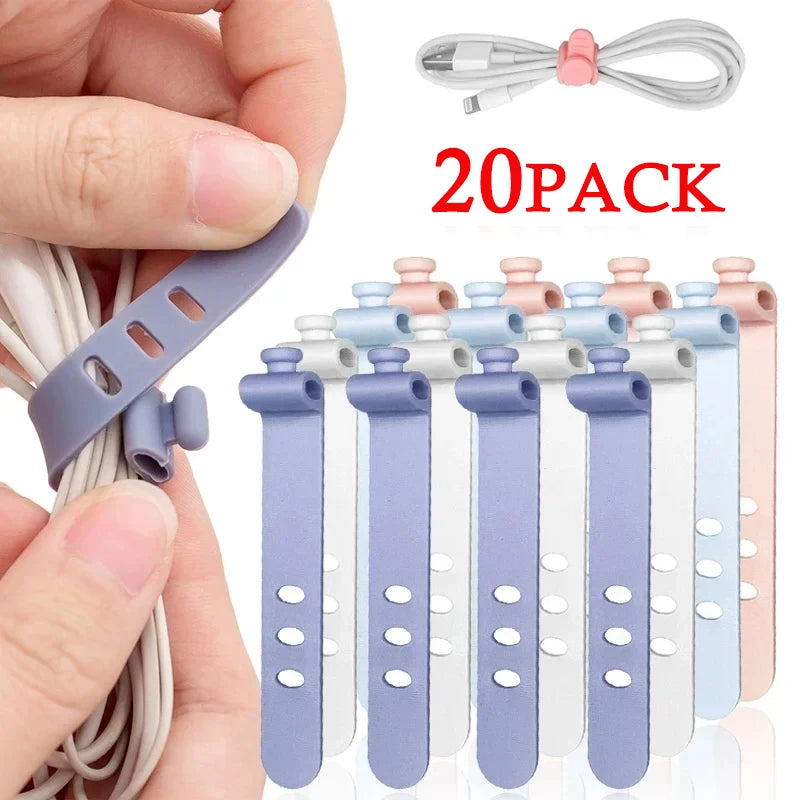20/12/4PCS Cable Ties Cord Organizer Management Silicone Wire Holder Straps Zip Clips Reusable Tie Wraps Keeperwinder Rubber