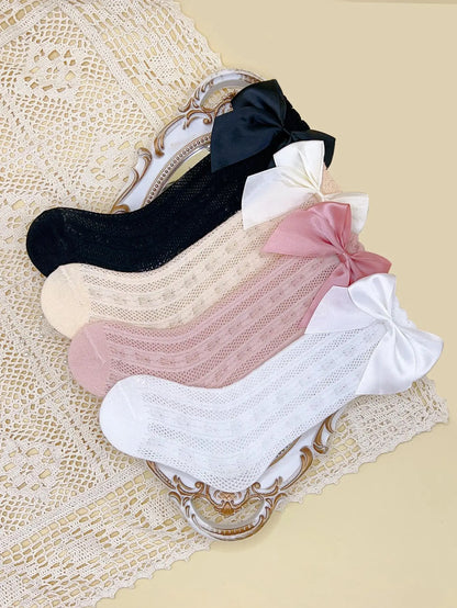 3/4 Pairs of Baby Girls' Bows Decor Anti-Mosquito Socks,Soft Breathable Cotton Crib Socks for Infant Toddler Summer Outdoor P