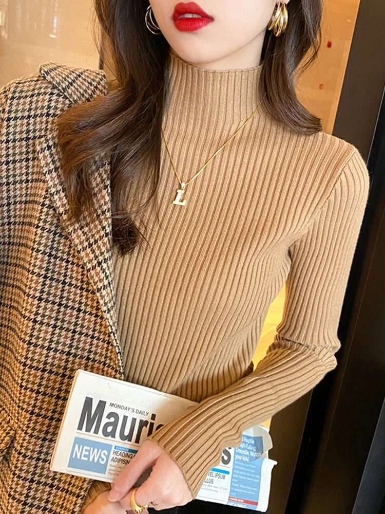Elegant Solid Basic Knitted Tops Women Turtlneck Sweater Long Sleeve Casual Slim Pullover Korean Fashion Simple Chic Clothes 