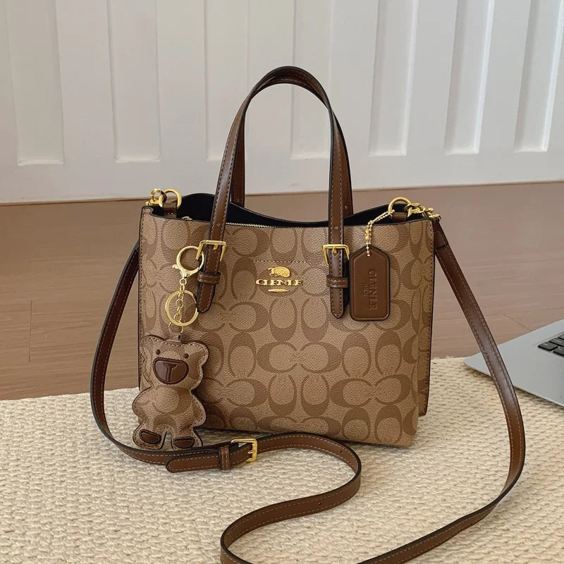Elegant Monogram Tote Bag in Classic Style for Women Featuring Retro Leather Trim and Detachable Strap - coffee