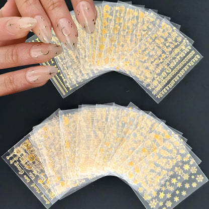 30 Sheets Gold Nail Art Stickers 3D Self-Adhesive Nail Decals Gold Line Star Nail Stickers for Acrylic Nails Gold Leaf - 30 s