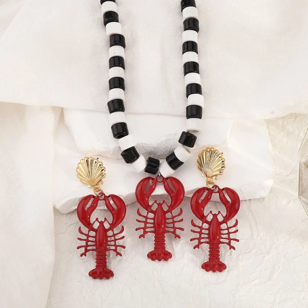 Boho Handmade Lobster Earrings Stone Beaded Enamel Necklace Lobster Metal Shells Earring for Women Summer Beach Popular Jewel