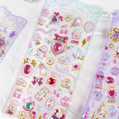 4 Styles Kawaii Delicate 3D Girly Gemstone Gilding Stickers Scrapbooking Diy Journal Stationery Sticker Deco Art Supplies