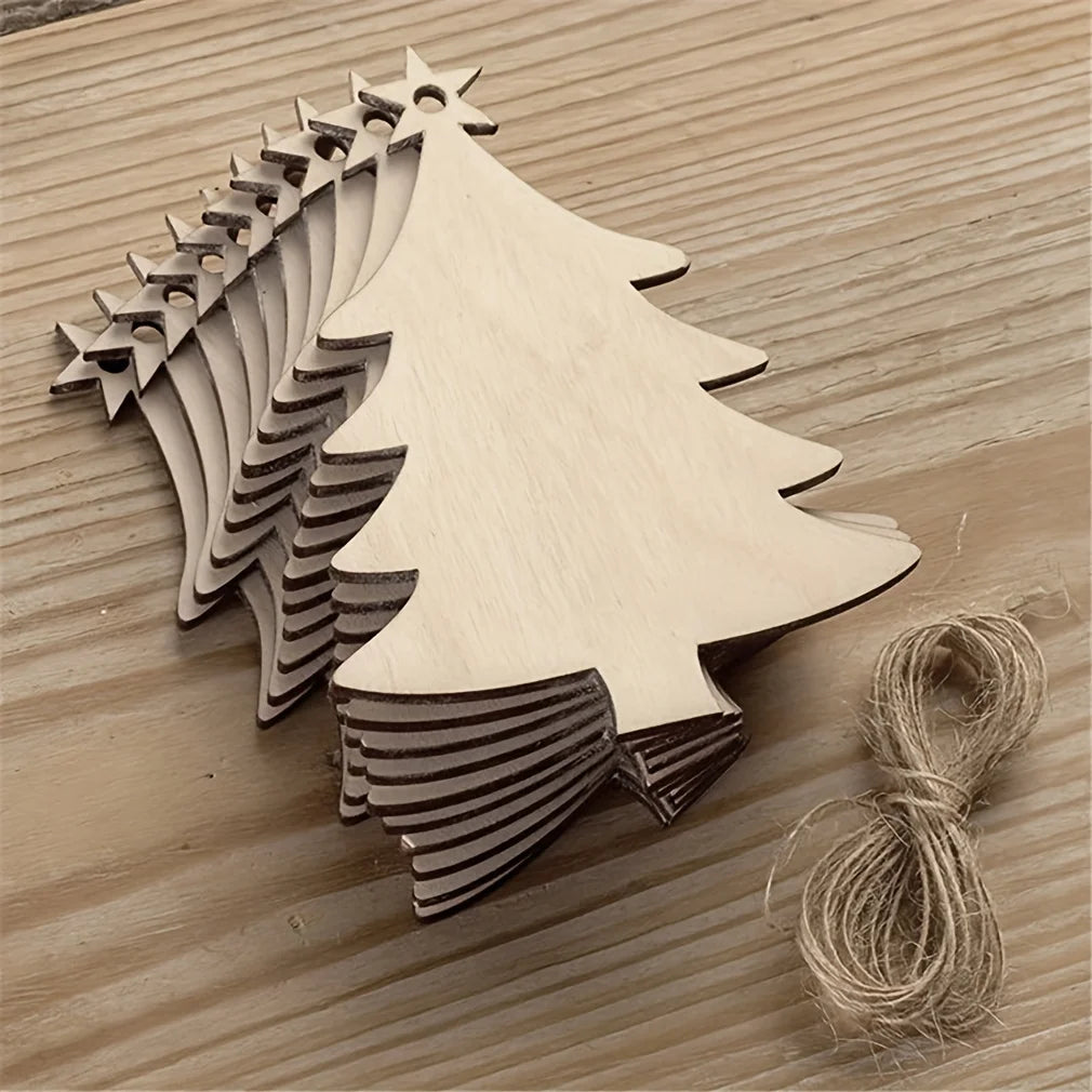 10Pcs Christmas Tree Shape Wooden Crafts Hanging Ornaments Unfinished Christmas Tree Pendant Decoration Wood Slices for Craft