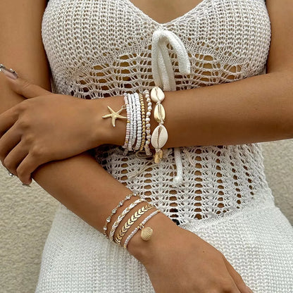 Tocona Bohemian Resort Style Shell Beaded Weaving Bracelet Beach Style Starfish Rice Beads Seven Piece Set for Women 25134 - 