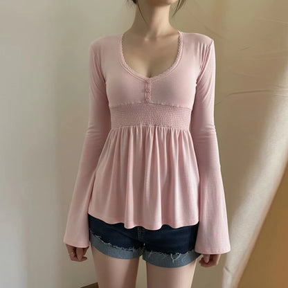 SUCHCUTE Women Solid Lace Trim Patchwork Button Flared Sleeves Shirt Casual V Neck Knit Top Y2k Aesthetic Fall Clothes Fairyc