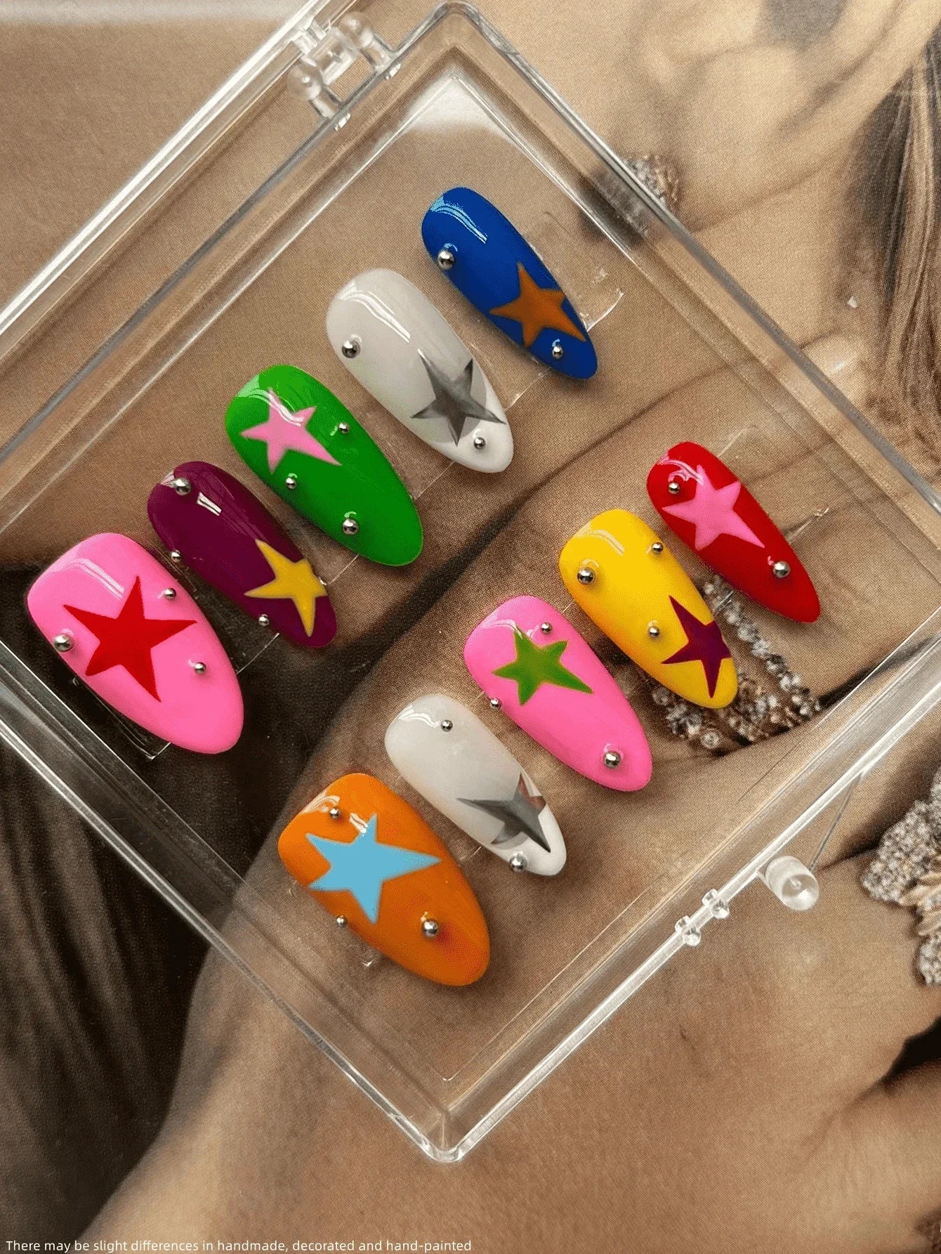 10Pcs Handmade Nail Art, Almond Dopamine Color Nail Art, Hand-Painted Star Pattern Design, Daily Nail Art - XS