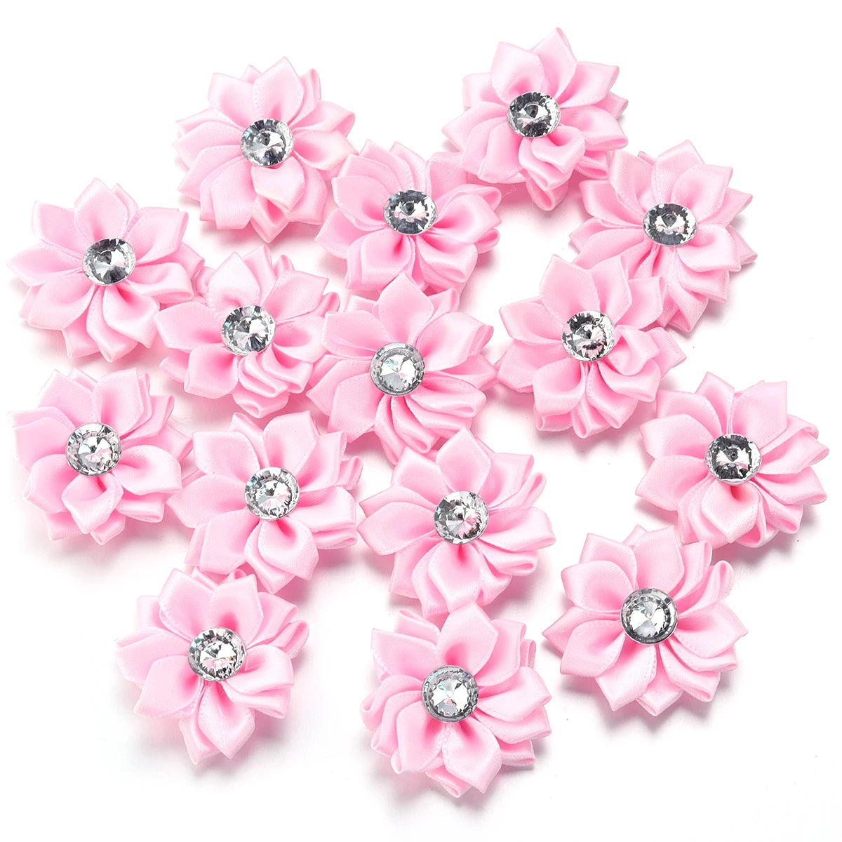 20pcs/lot 40mm Mini Inlaid Rhinestones Small Handmade DIY Satin Ribbon Flowers Head Decorate Clothing Supplies Accessories - 
