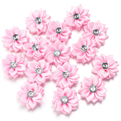 20pcs/lot 40mm Mini Inlaid Rhinestones Small Handmade DIY Satin Ribbon Flowers Head Decorate Clothing Supplies Accessories - 