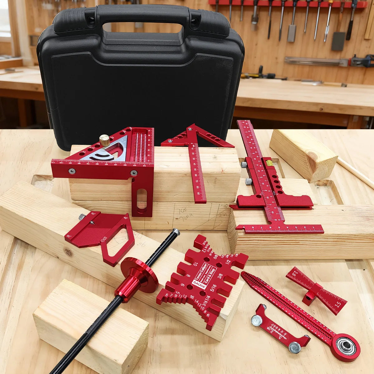 Woodworking Project Combination Set with Box, Including Triangle Ruler, Scriber, Tenon Gauge, Dovetail Gauge, Positioning Cla