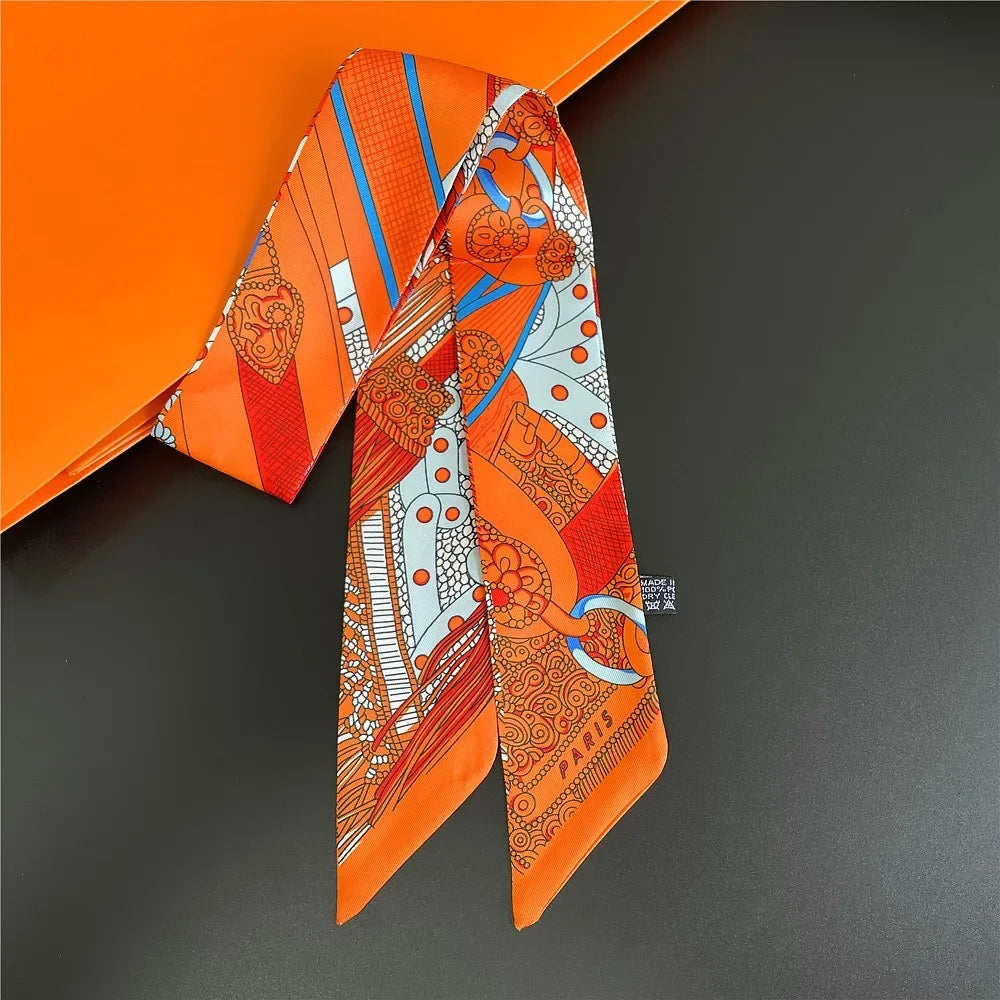 French Retro Print Tying and Wrapping Handle Ribbon Women's Imitation Silk Scarf Light Luxury Saddle Printed Streamer Decorat