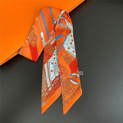 French Retro Print Tying and Wrapping Handle Ribbon Women's Imitation Silk Scarf Light Luxury Saddle Printed Streamer Decorat