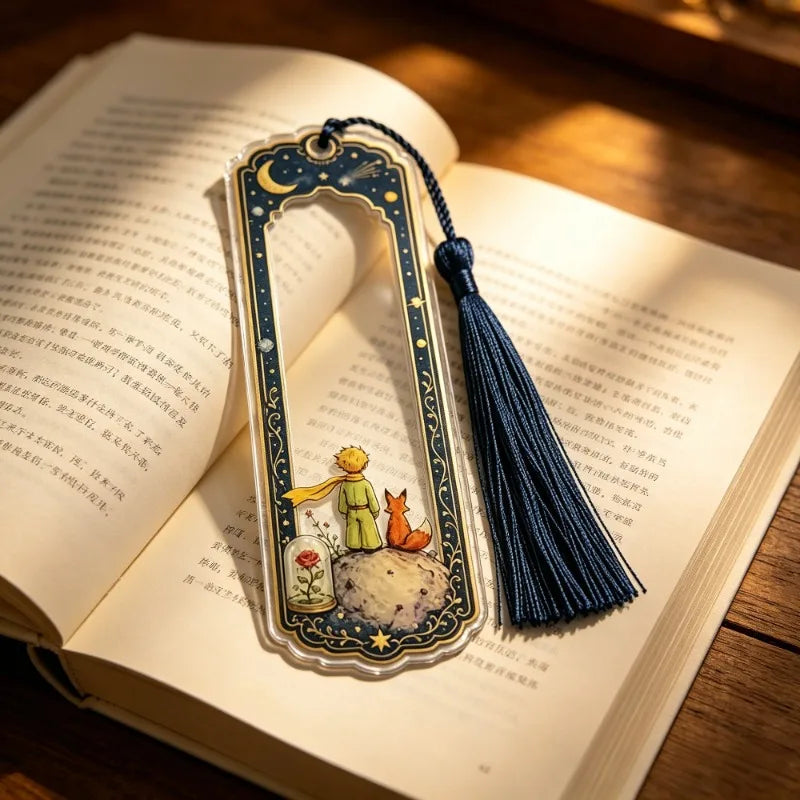 2pcs Vintage Little Prince Acrylic Bookmark, Starry Moon Fox Rose Print Page Marker with Navy Tassel,Reading Accessory Gift