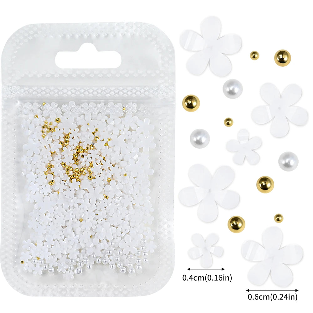 1box 3D Flower Bow Nail Art Decorations Kit Pink/White Acrylic Floral/Peal Beads Nail Charm with Wax Pen/Tweezer 4/6mm Nail P
