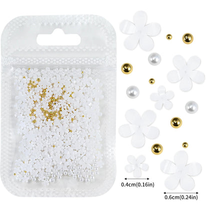 1box 3D Flower Bow Nail Art Decorations Kit Pink/White Acrylic Floral/Peal Beads Nail Charm with Wax Pen/Tweezer 4/6mm Nail P