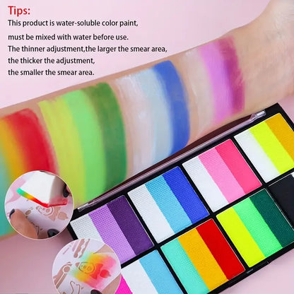 Palette Rainbow Stripe Paint Set with Brushes, Water Based Dual-Tone Face and Body Paint Palette, Christmas Halloween Cosplay