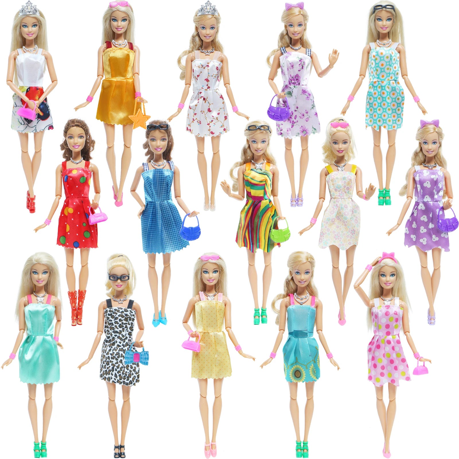 42 Item/Set Doll Accessories = 10Pcs Shoes + 8 Necklace 4 Glasses 2 Crowns 2 Handbags + 8 Pcs Doll Dress Clothes for 1/6 Doll