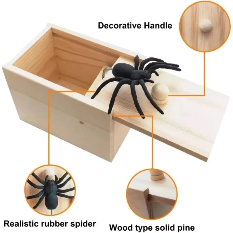 Spider Prank Box Pop Out Rubber Spider Handmade Wood Scare Box Party Game Surprise Joke Funny Trick Toy for Kids Halloween Gi