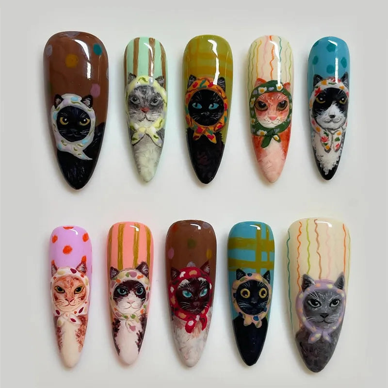 24pcs Long Almond Press on Nails Anime Pattern Full Cover Nail Tips Ornament for Girls Colorful False Nails Wearable Fake Nai