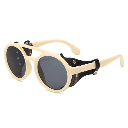 Retro Sunglasses Men Women Leather Round Glasses Vintage Goggles Anti Wind Outdoors Sports Sun Glasses UV400 - Beige