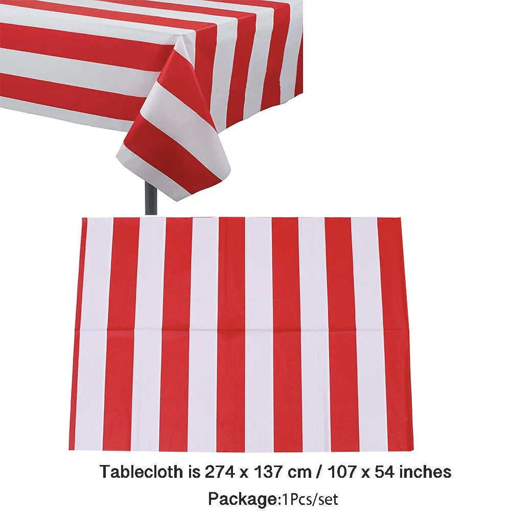 Circus Birthday Party Decor Red White Striped Disposable Tableware Sets Plates Cups PE Tablecloth Napkin Knives Forks Supplie