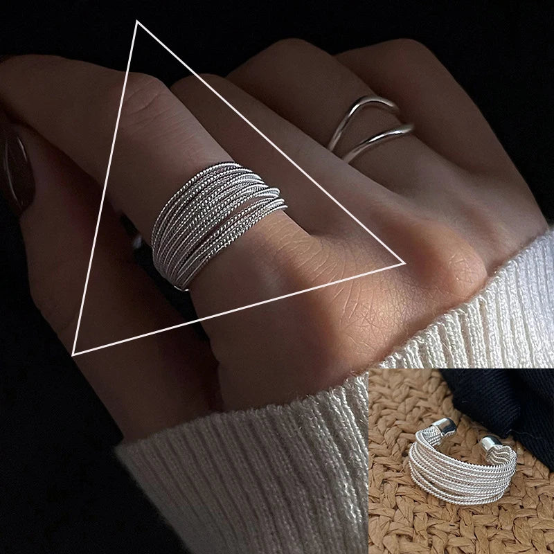 VENTFILLE 925 Sterling Silver Rings INS Fashion Hip Hop Vintage Couples Hollow Lines Punk Thai Silver Party Adjustable Jewelr