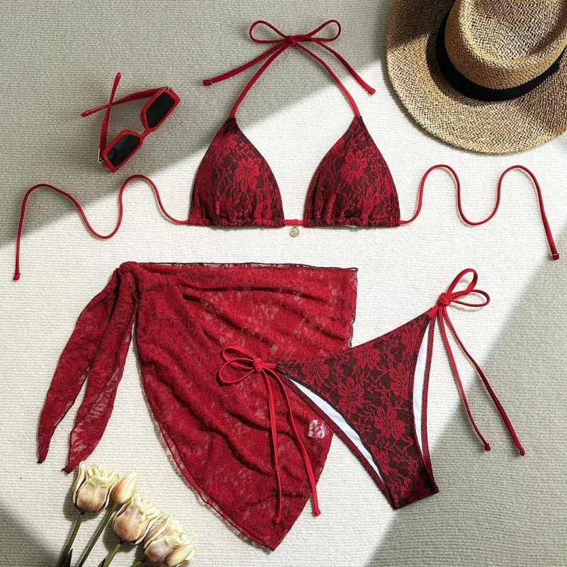 Lace Sexy Bikinis Female Swimsuits Women Three-Piece Swimwear Beach Swimming Wear Bathing Suits Brazilian Bikini Set Pool Bat