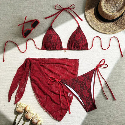 Lace Sexy Bikinis Female Swimsuits Women Three-Piece Swimwear Beach Swimming Wear Bathing Suits Brazilian Bikini Set Pool Bat