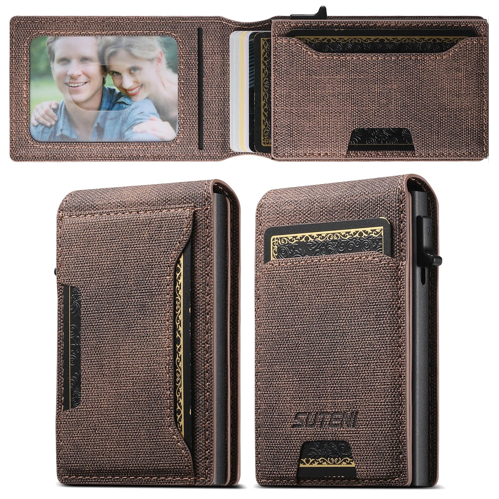 Push-out Card Faux Leather Card Holder Wallet Holder Large Capacity Can Hold 1-12 Cards 1 Photo Black/Brown/Blue