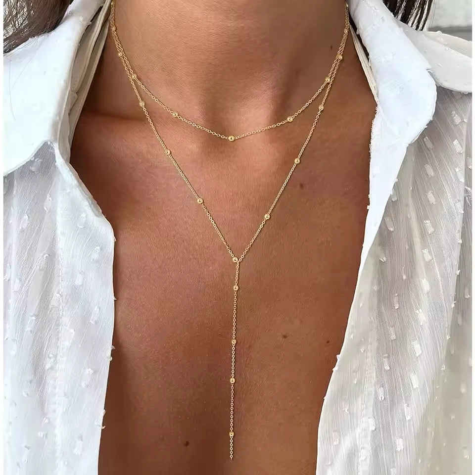 18k Gold Plated Y Lariat Necklace for Women, Laryerd Multilayer Long Chain Drop Necklace, Stainless Steel Aesthetics Jewelry 
