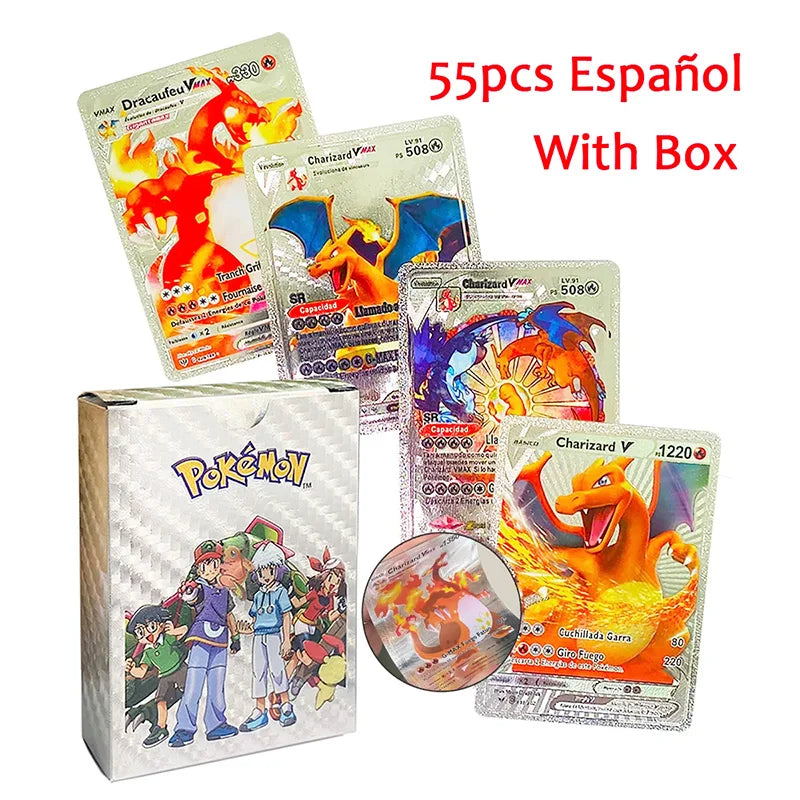 55pc English card Charizard Gold Foil Cards Golden Letters English Spanish Game Card Metalicas Vmax Gx Series Gift