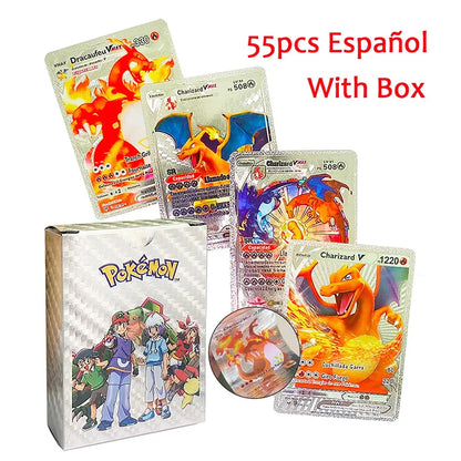 55pc English card Charizard Gold Foil Cards Golden Letters English Spanish Game Card Metalicas Vmax Gx Series Gift - Spanish 