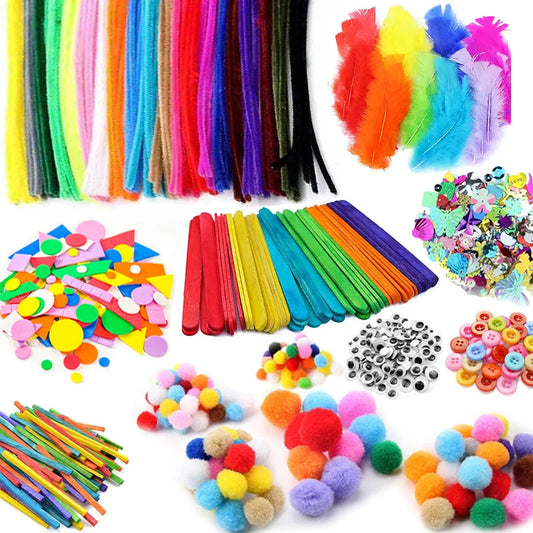 1000pcs Kids Crafts Art Supplies Kit Pipe Cleaners Pompoms Foam Stickers Feather Felt Cloth Button DIY Creative Craft Toy Gif