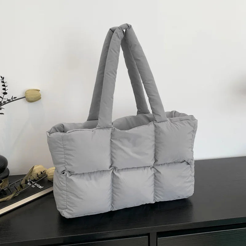 Women Tote Handbags Quilted Plaid Bag Retro Trendy Checkered Waterproof Shoulder Bag Solid Color Winter Soft Large Capacity B