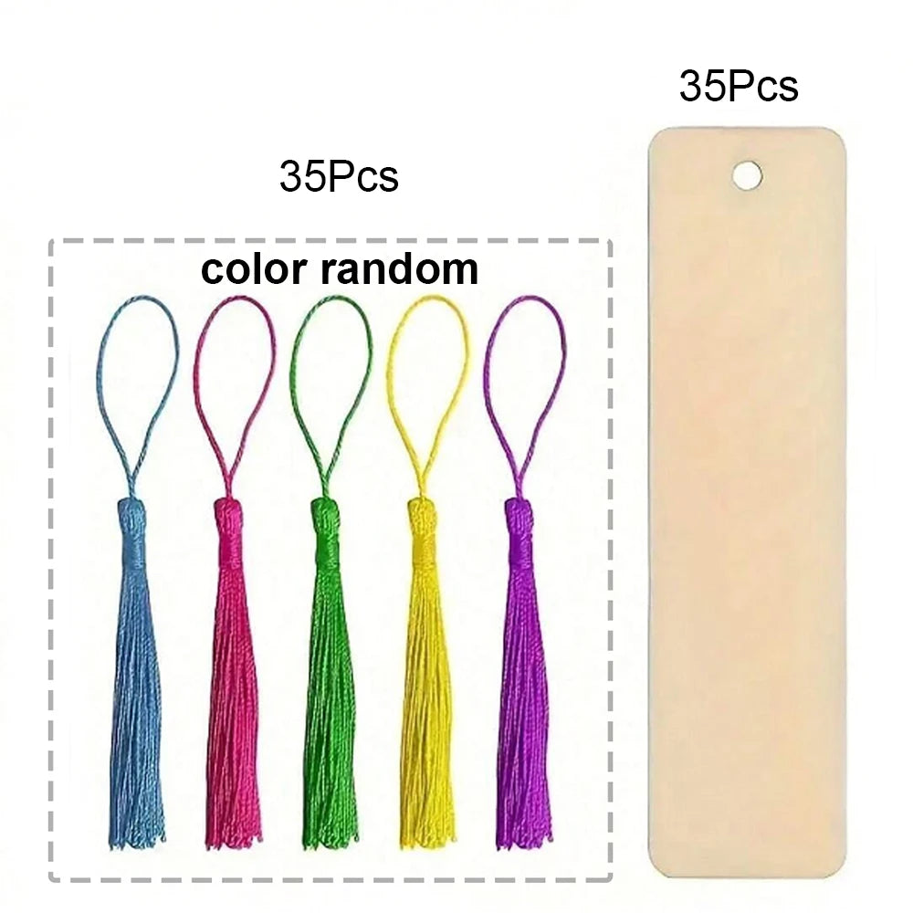 10/30/50/70Pcs Wooden Blank Bookmarks with Tassels Set DIY Wooden Craft Bookmarks Square Tag Wedding Birthday Party Decor - 7