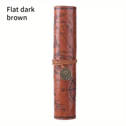 Vintage Treasure Map Roll Pencil Case – Large Capacity Leather Stationery Bag with Embossed Buckle