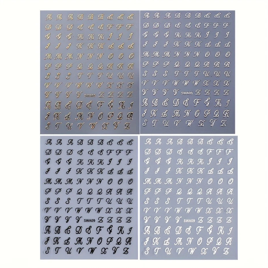Retro English Letters Nail Stickers 4/8 Sheets 3D Self-Adhesive Nail Art Design Black White Gold Silver Nail Decals - 4 sheet