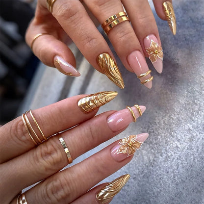 24pcs Long Almond Press on Nails False Nails with Golden Decoration Wearable Stick-on Nails Fake Nail Uñas Накладные Ногти 네일