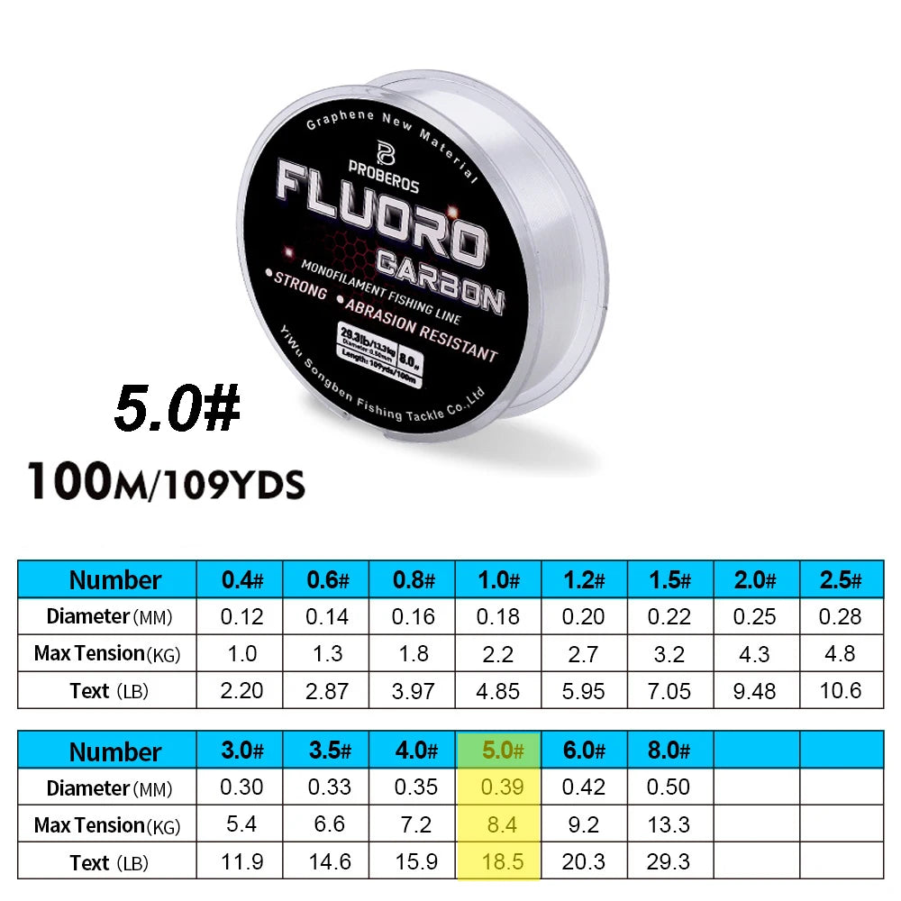 PROBEROS 100M Fluorocarbon Coating Fishing Line 2.2LB-29.3LB Carbon Fiber Monofilament Leader Line Carp Fishing Sinking Line 