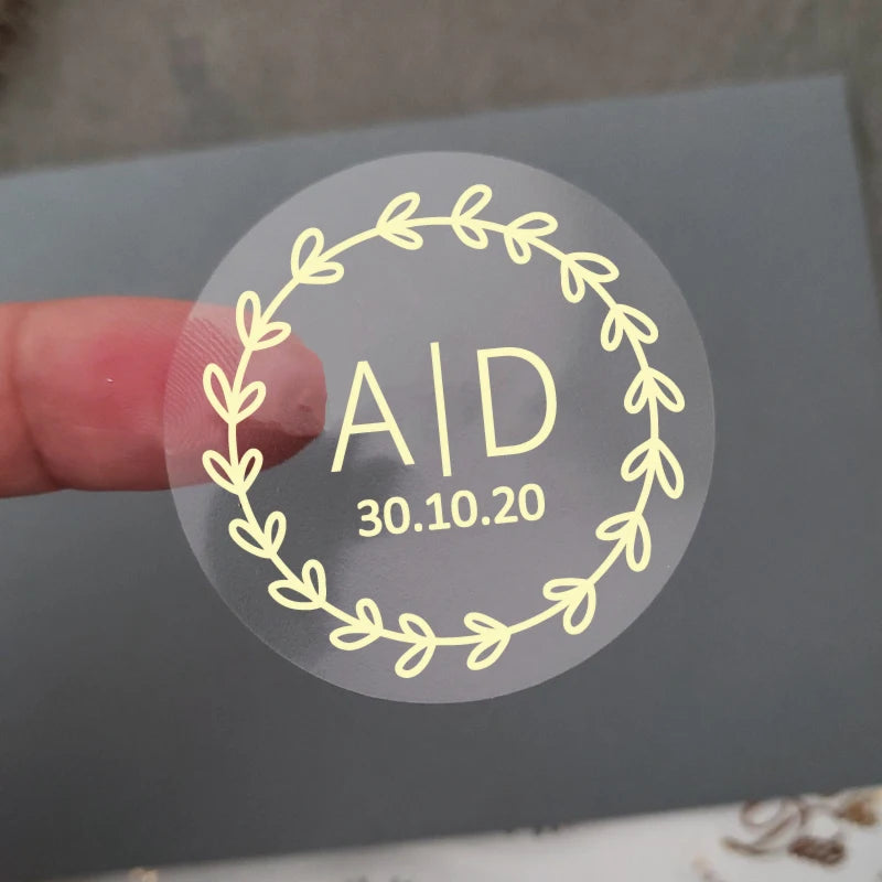 50 X Foiled Wedding Monogram Initials Stickers, Personalised Wedding Favour Labels, Custom Shiny Foil Gold Transparent - 110 