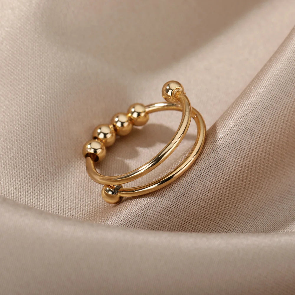 Anxiety Balls Beads Rings for Women Open Spinner Adjustable Finger Ring Stainless Steel Rotating Freely Anti Stress Jewelry G